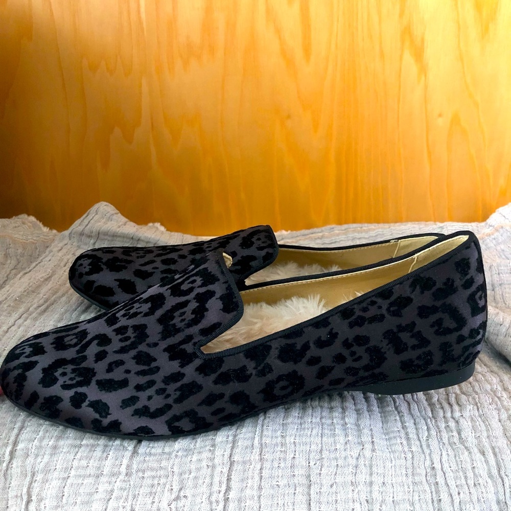 Birdies faux fur starling black calf hair cheetah print slippers - work or home!